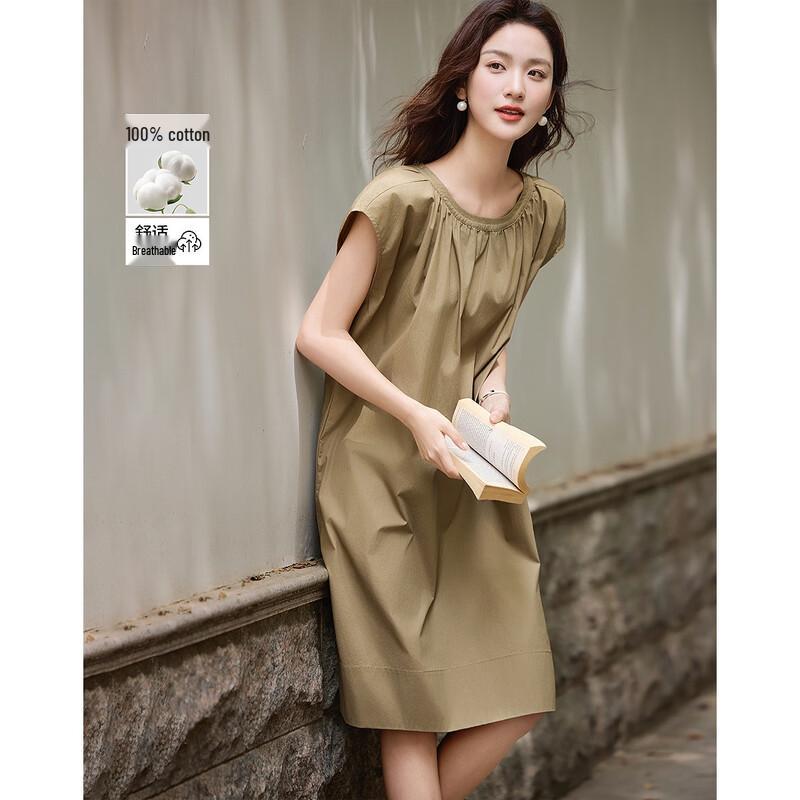 DeMana Lightweight Cotton Poplin Gathered Round Neck Dress L