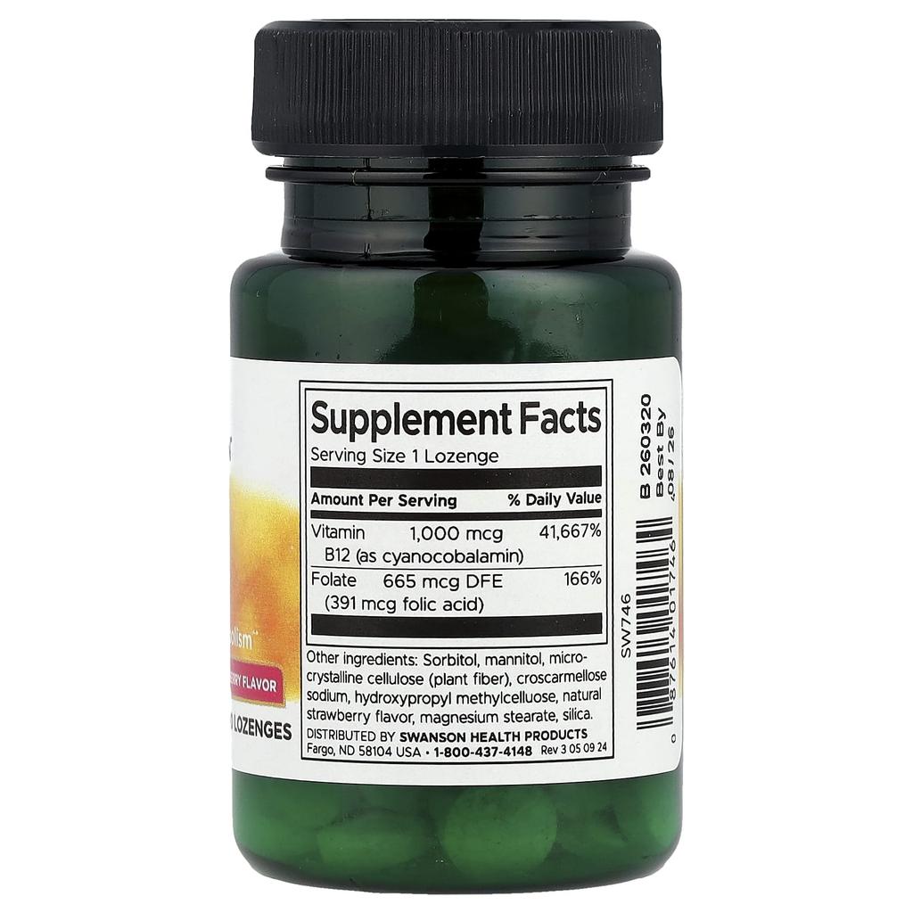 Vitamin B12 with Folic Acid, Strawberry Flavor, 100 Lozenges