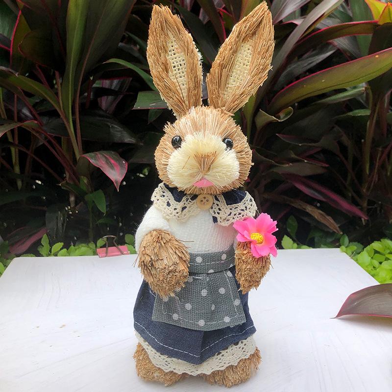 Easter Rabbit Decoration Straw Rabbit Ornament Creative Artificial Bunny Figure 25cm Home Holiday Cute with Flower Wreath
