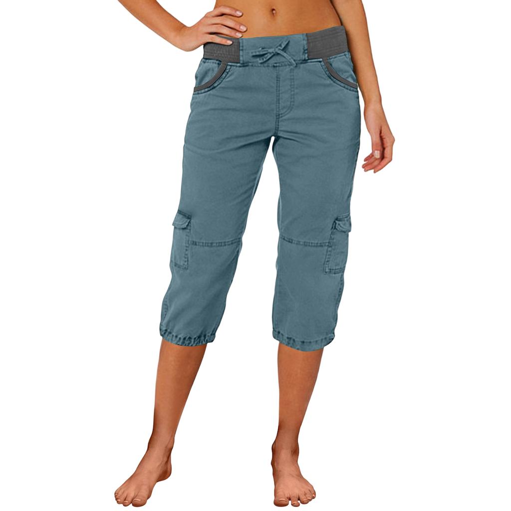 Women Capri Cargo Pants Drawstring Waist Relaxed Fit Lightweight Casual Cropped Trousers with Multiple Pockets
