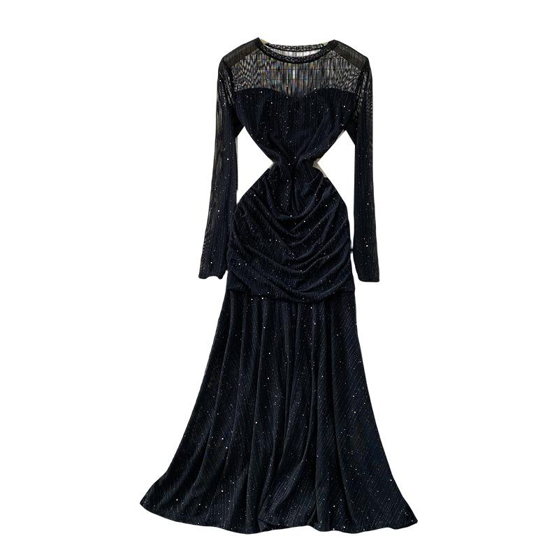 French celebrity temperament sequined mesh splicing long-sleeved dress women's autumn pleated waist elegant fishtail dress