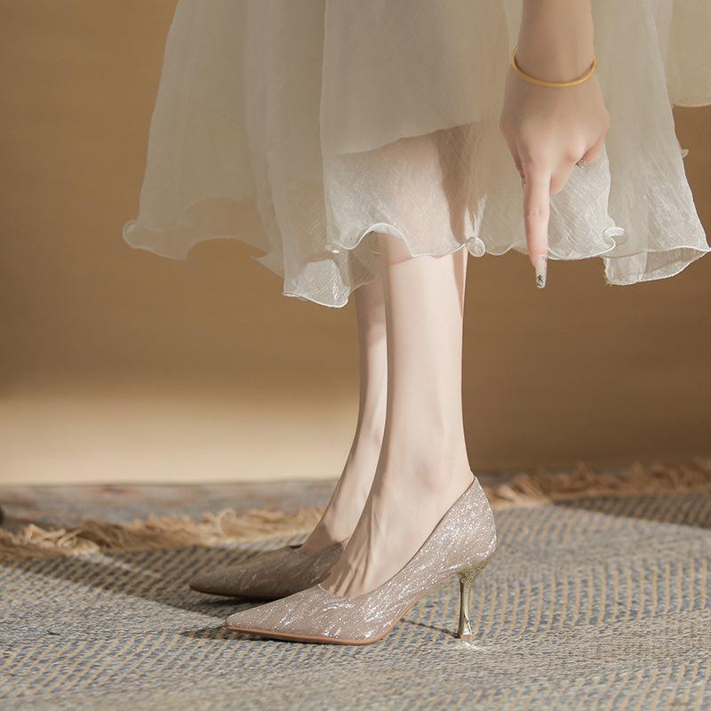 Sheepskin version~ glossy pointed high heels women's stilettos summer 2025 new wedding shoes bride shoes crystal single shoes