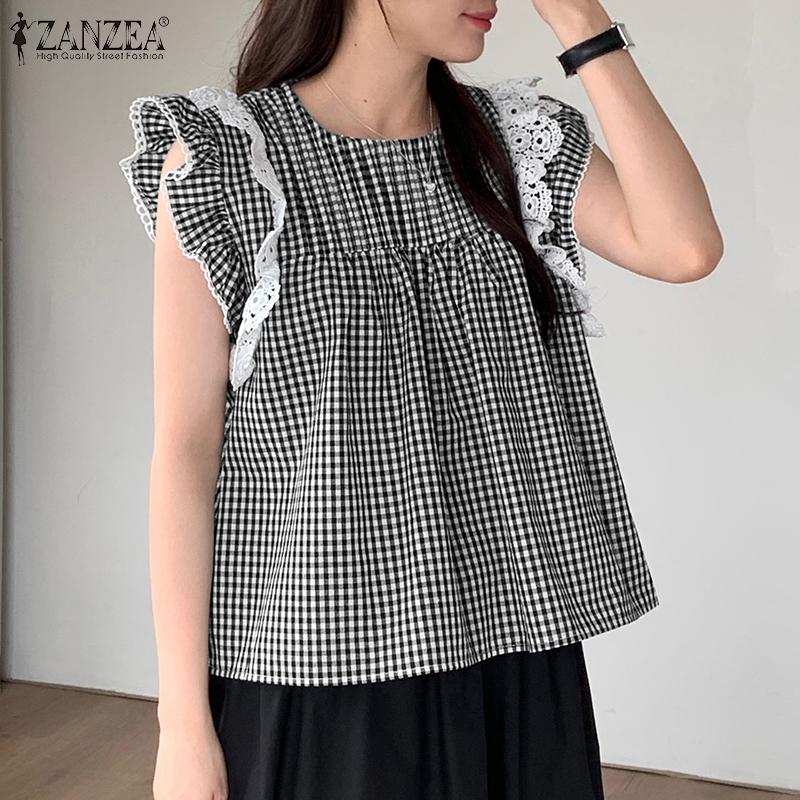 

ZANZEA Женская повседневная летняя клетчатая блузка с кружевными рукавами и оборками