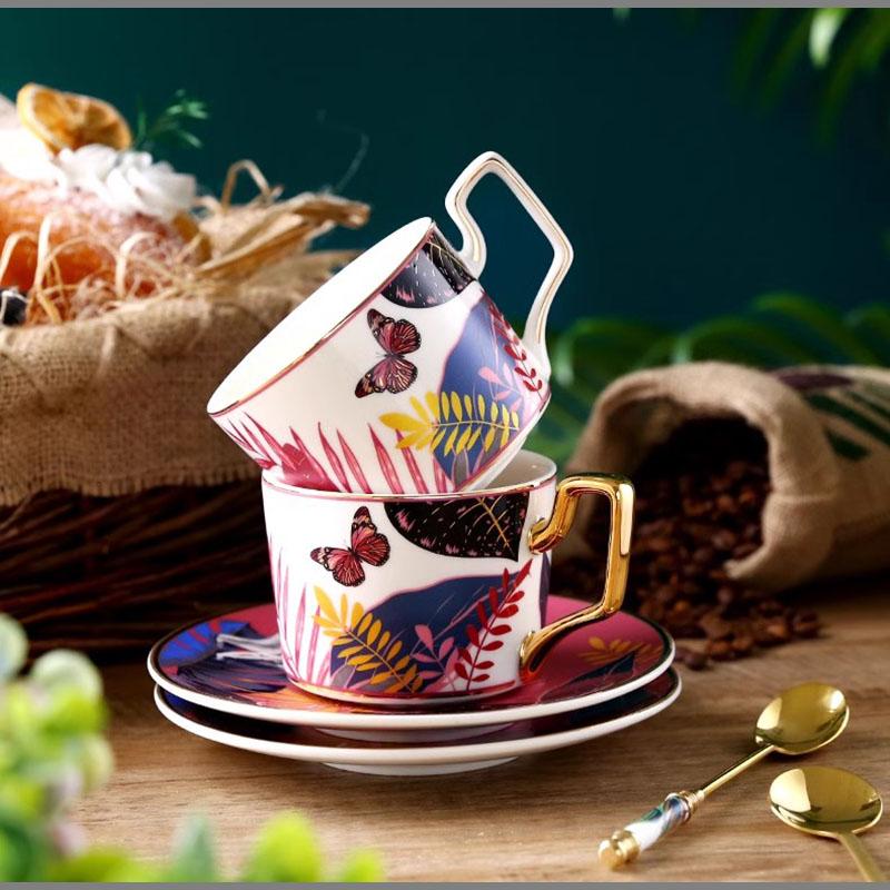 220ml Ceramic Coffee Cup Saucer Creative Flower Bird Mug Exquisite Afternoon Tea Flower Tea Coffee Cup Home Breakfast Milk Mug