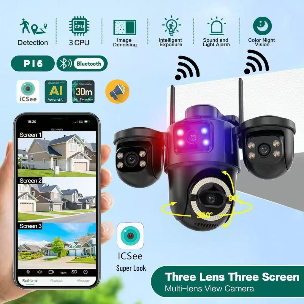 ICSEE 3-Lens WiFi Surveillance Camera with Warning Light for Indoor/Outdoor Use