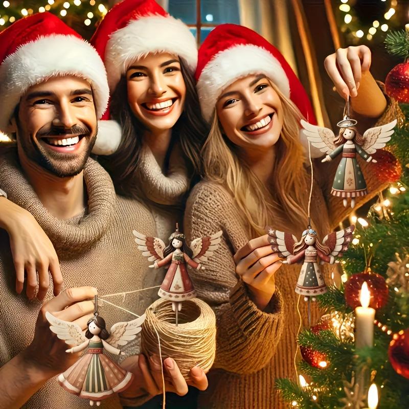 4pcs Vintage Angel Hanging Decorations – Fantasy Wooden Xmas Tree Decor, Lightweight, No Power Needed Navidad Decor for Home