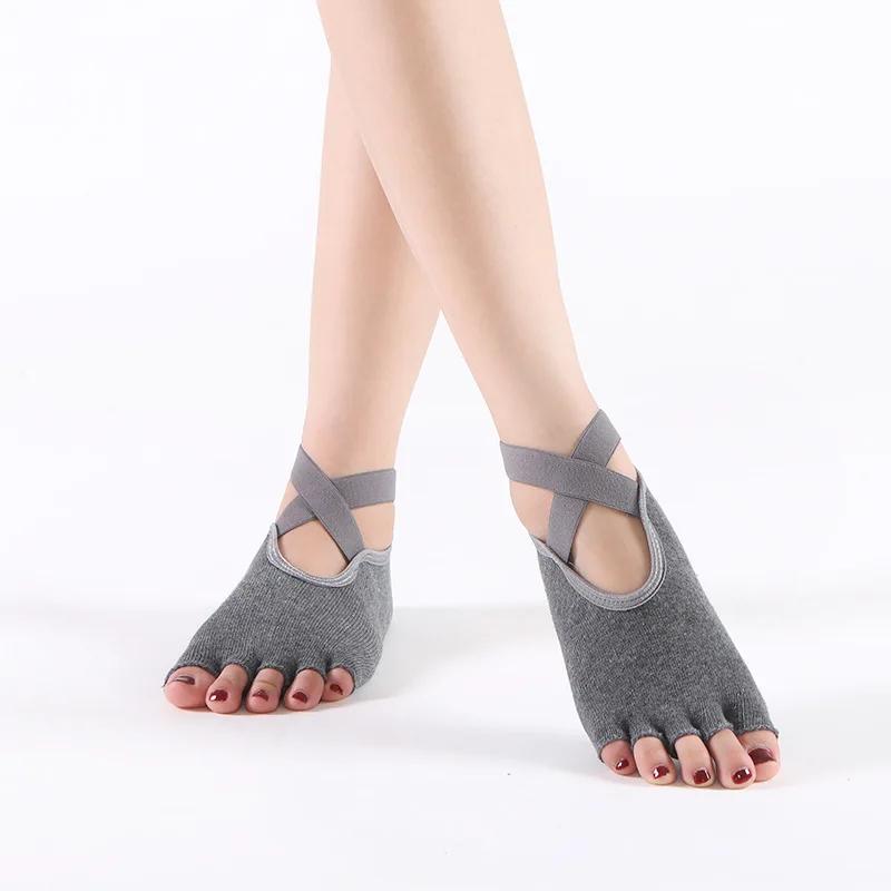 Women Toeless Yoga Socks with Grips Anti-Slip Bandage Sport Socks Ballet Dance Latin Barre Pilates Fitness Equipment Floor Socks