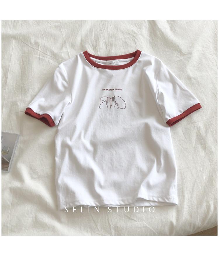 

Женская летняя приталенная футболка с короткими рукавами и цветными блоками - Повседневный корейский стиль One Size