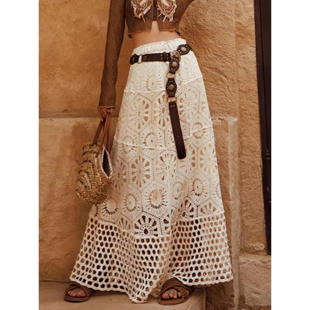 Summer Lace Patchwork A-line Skirt Women Knitting Lace Long Solid Hollow Out Sexy Hollow  Style Loose Basic