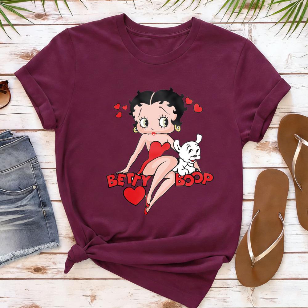 Classic Red Dress Betty Boop Theme Series Printed TShirt Betty Boop Collector Casual Daily Outfit Retro Style Women Cotton Tops