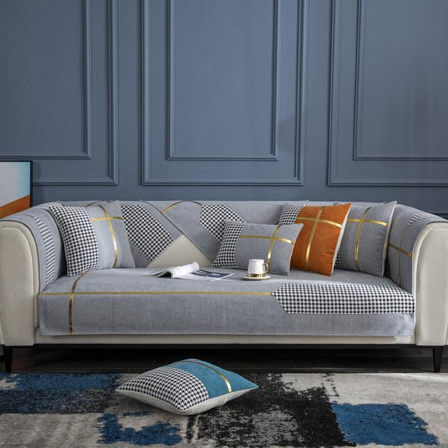 Luxury Plaid Chenille Sofa Cover L Shape Velvet Couch Slipcover Furniture Protector Armrest Recliner Towel Gray