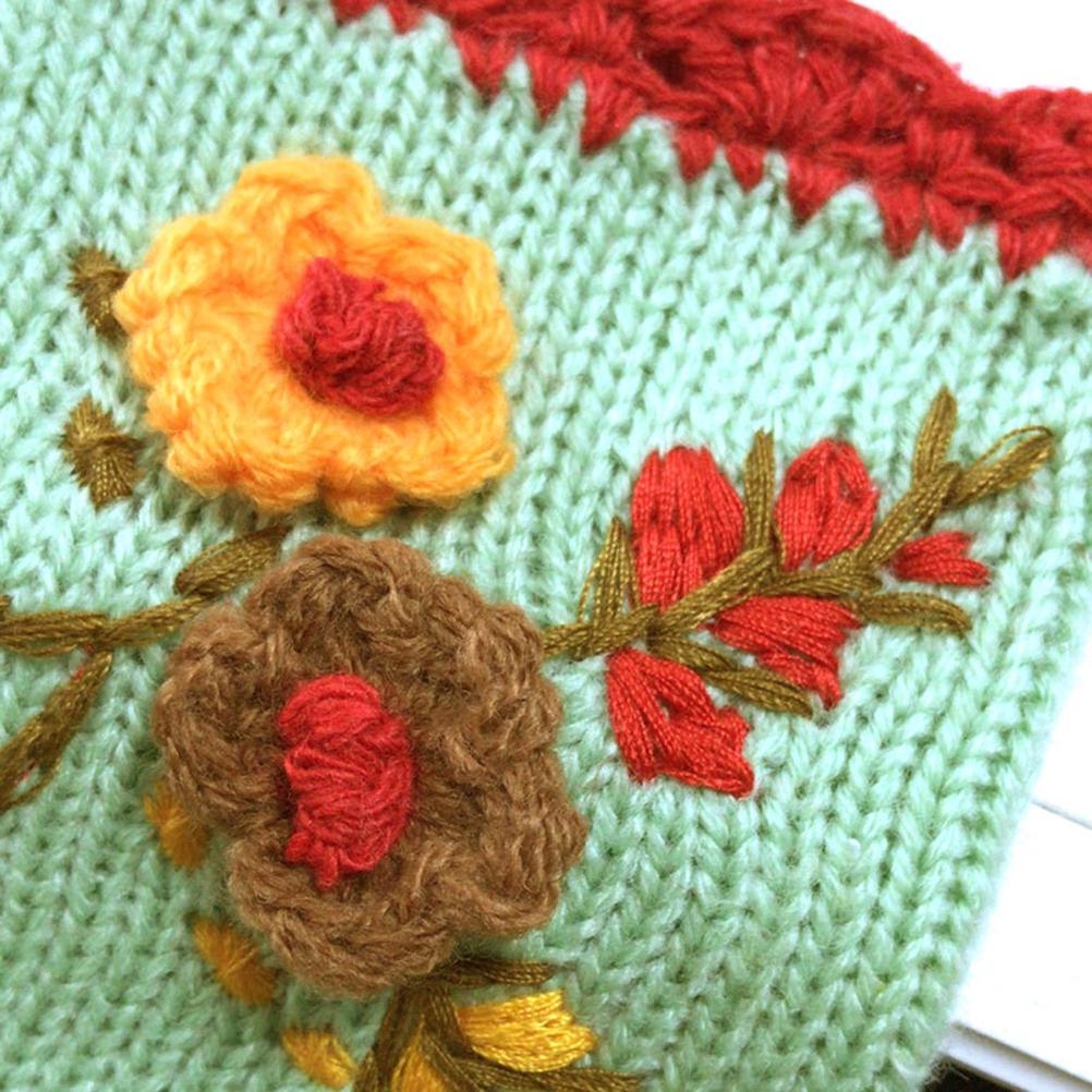 Vintage Multicolor Knitted Gloves with Floral Winter Warm Fingerless Gloves Knit Gloves for Girls Women