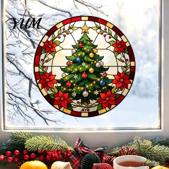 Christmas Party Glass Decorations Round Window Sticker, Stained Style, Removable Static Film Cling, Santa Claus Tree PVC Decal for Holiday Home Decor