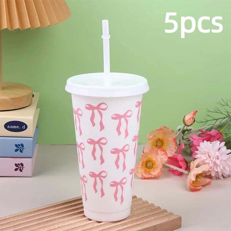 1/3/5 pack Kawaii Bow Reusable Party Cup, Coffee Juice with Straw and Lid, Cute Teacup with Straw Plastic Cup Summer Gift