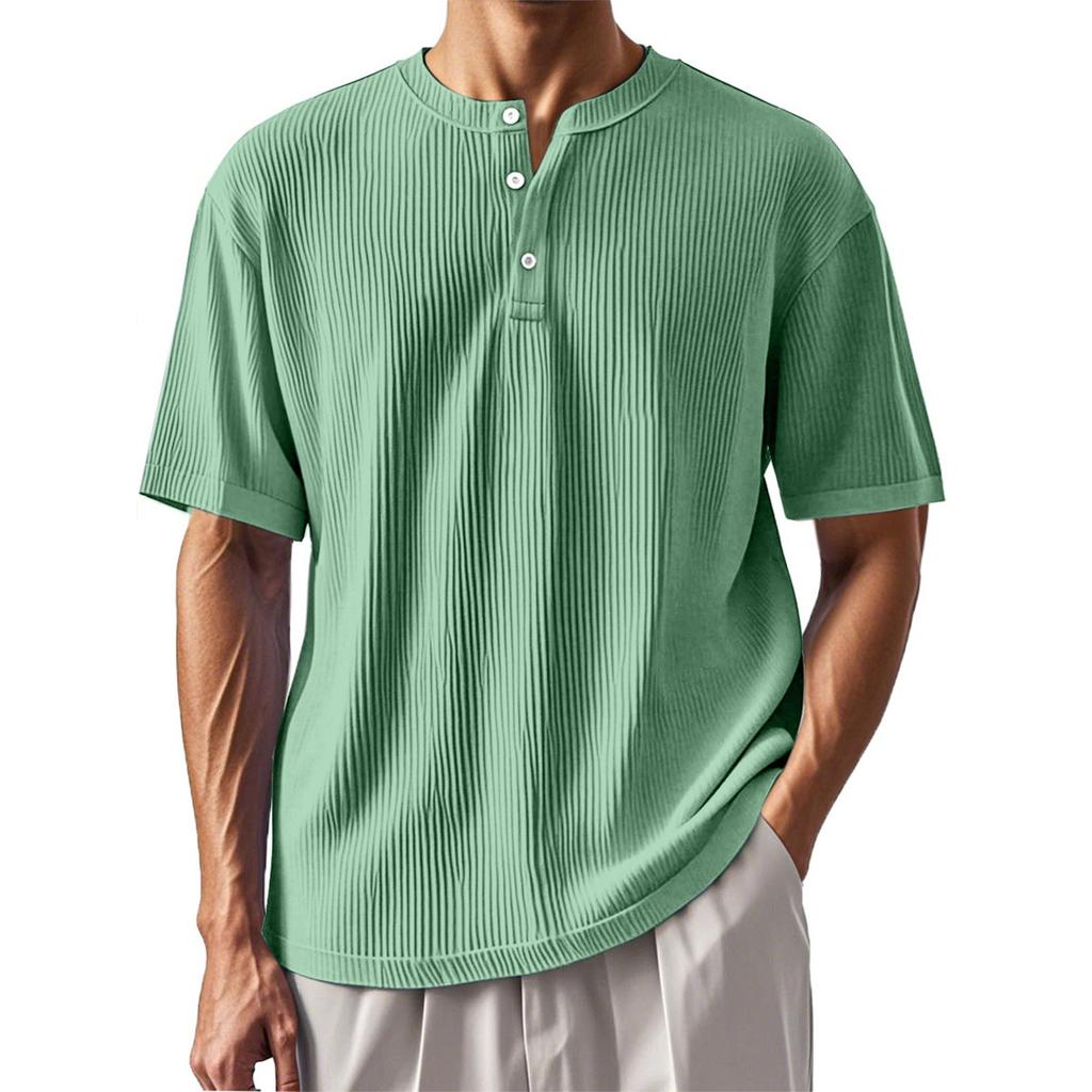Men's Summer Solid Color Stripe Texture Button Collar Short Sleeve Tops Men's Casual Loose Fashion Tops