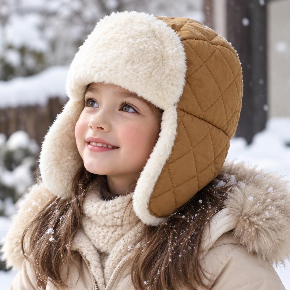Rhombus Quilted Kids Ski Hat Adjustable Buckle Windproof Earflap Hat Outdoor Activities