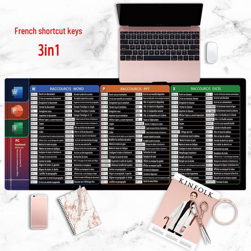 

Настраиваемый большой коврик для мыши French Shortcut с защитой от грязи - нескользящий, универсальный для европейских и американских ПК 300*600*2mm, French version 3in1