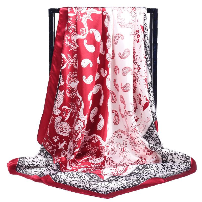 90cm Fashion Silk Satin Scarf For Women Headband Floral Print Kerchief Hijab Scarves Fermale Square Shawls and Wraps Neck Scarfs
