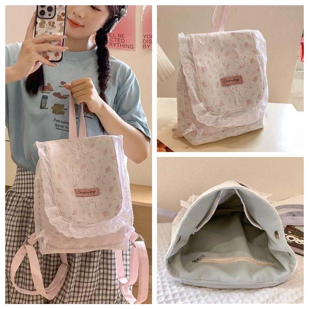 

Pinted Nylon Shoulder Bag Korean Style Floral Handbag Simple Lace Flower Backpack Outdoor pink flower