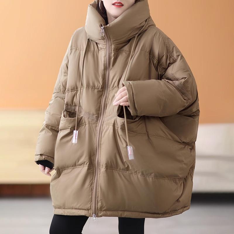 Women's Mid-Length Hooded Patchwork Pendant Down Jacket - Plus Size, Loose Fit, White Duck Down, Autumn/Winter Style