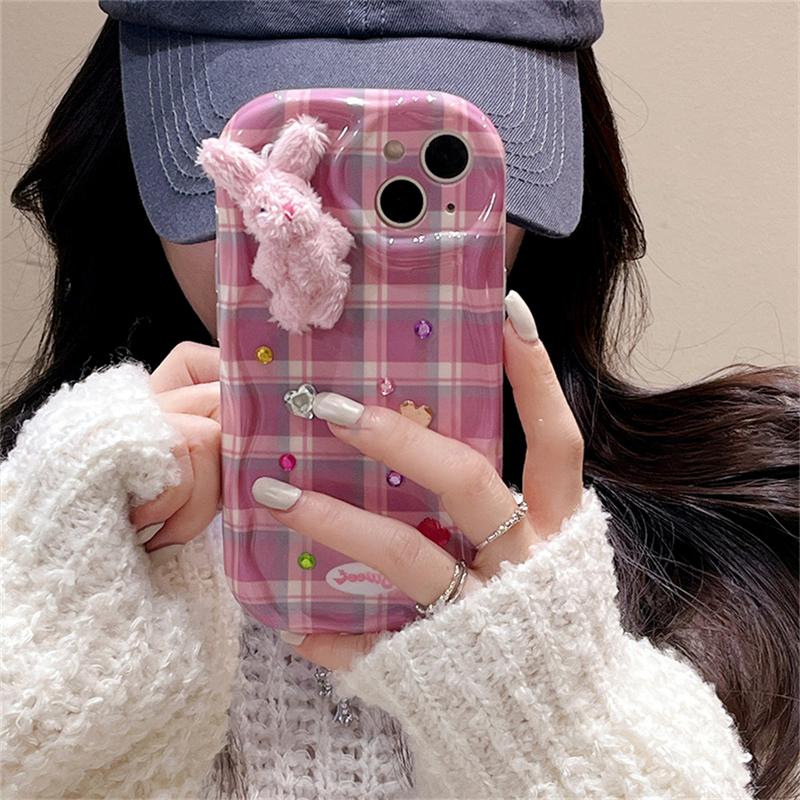 Korejský roztomilý mřížkový vzor diamantové srdce pouzdro pro iPhone 14 13 12 11 Pro Max 3d plyšový krásný králík nárazuvzdorný měkký kryt Funda