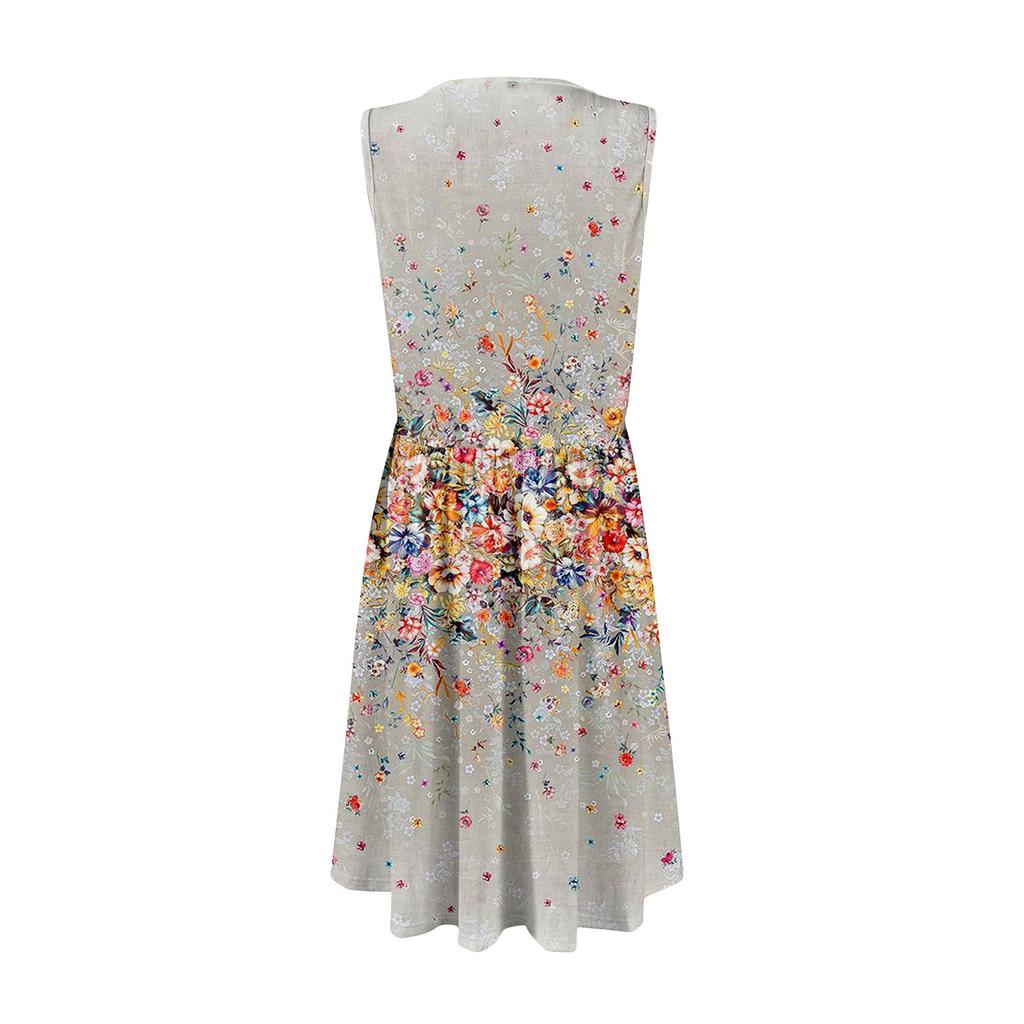 Summer Casual Midi Dresses For Women Vocation  Elastic Waist Sleeveless Knee Length Sundress With Pockets Loose Fit