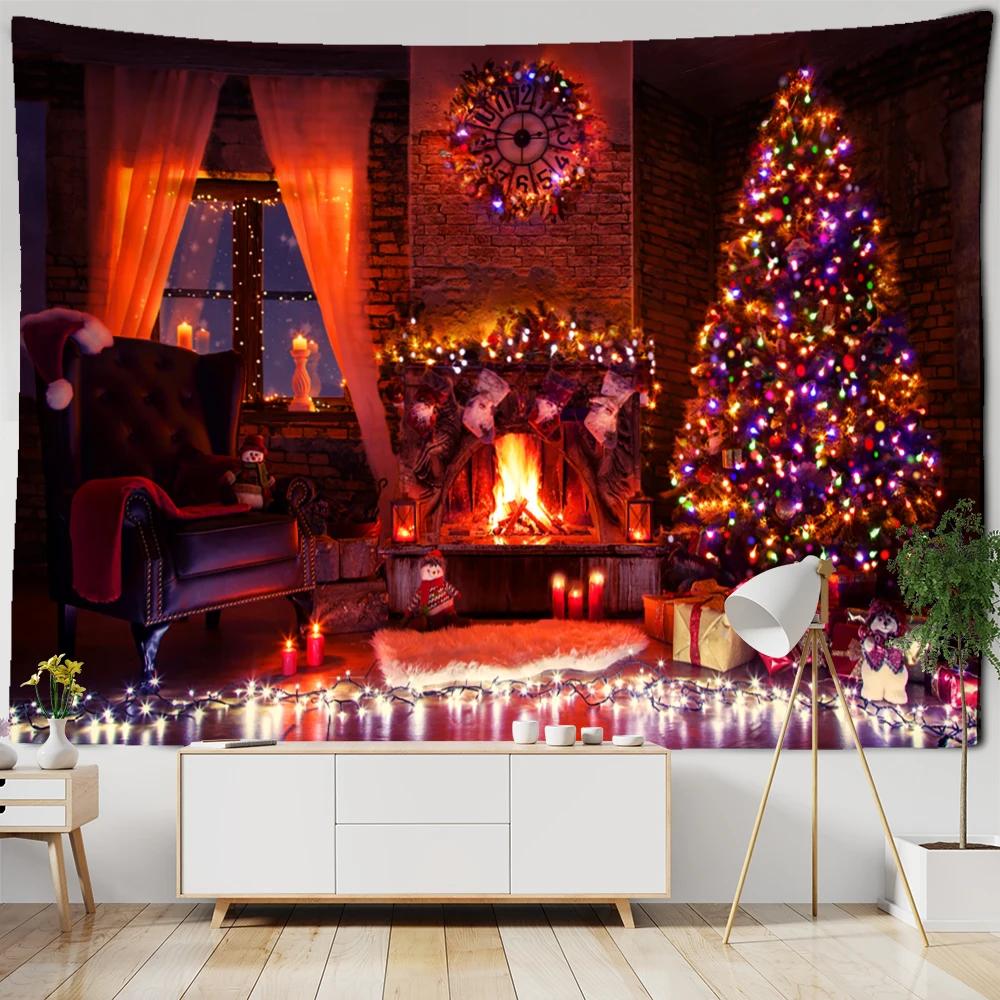 Neon Fireplace Tapestry Wall Hanging Christmas Tree Gift Socks New Year Atmosphere Background Cloth Witchcraft Home Decor
