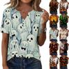 Women's Halloween Printed Loose Fit V Neck Short Sleeve Top with Pocket Casual Blouse for Seasonal Wear and Everyday Comfort
