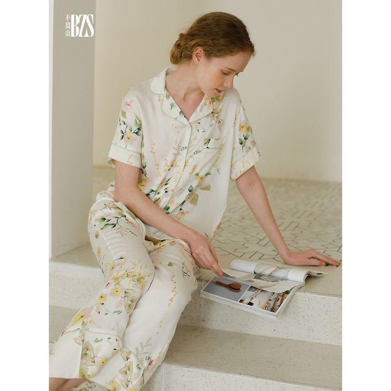 2024 Summer Original Niche Style Satin Lapel Rose Short Sleeve Pants Pastoral Style Fresh Pajamas for Women