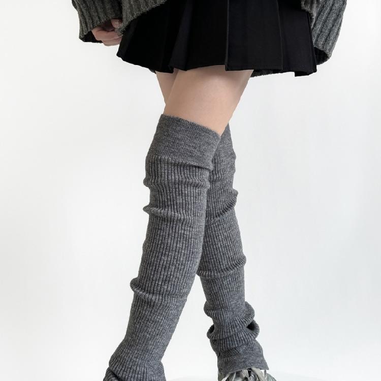Women Japanese Ribbed Knitted Leggings Gaiters with Slit Buttons Harajuku Aesthetic Thigh High Leg Warmer Footless Socks