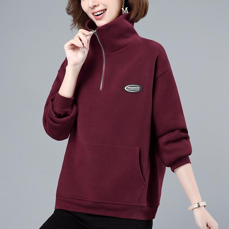 Women's Fleece-Lined Half-Zip Stand Collar Sweatshirt - 2024 Autumn/Winter Korean Style for Middle-Aged Moms