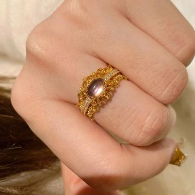Anelli vintage in stile corte con pizzo traforato e ametiste intarsiate a diamante per donna, squisiti cristalli di ametista, gioielli classici da banchetto