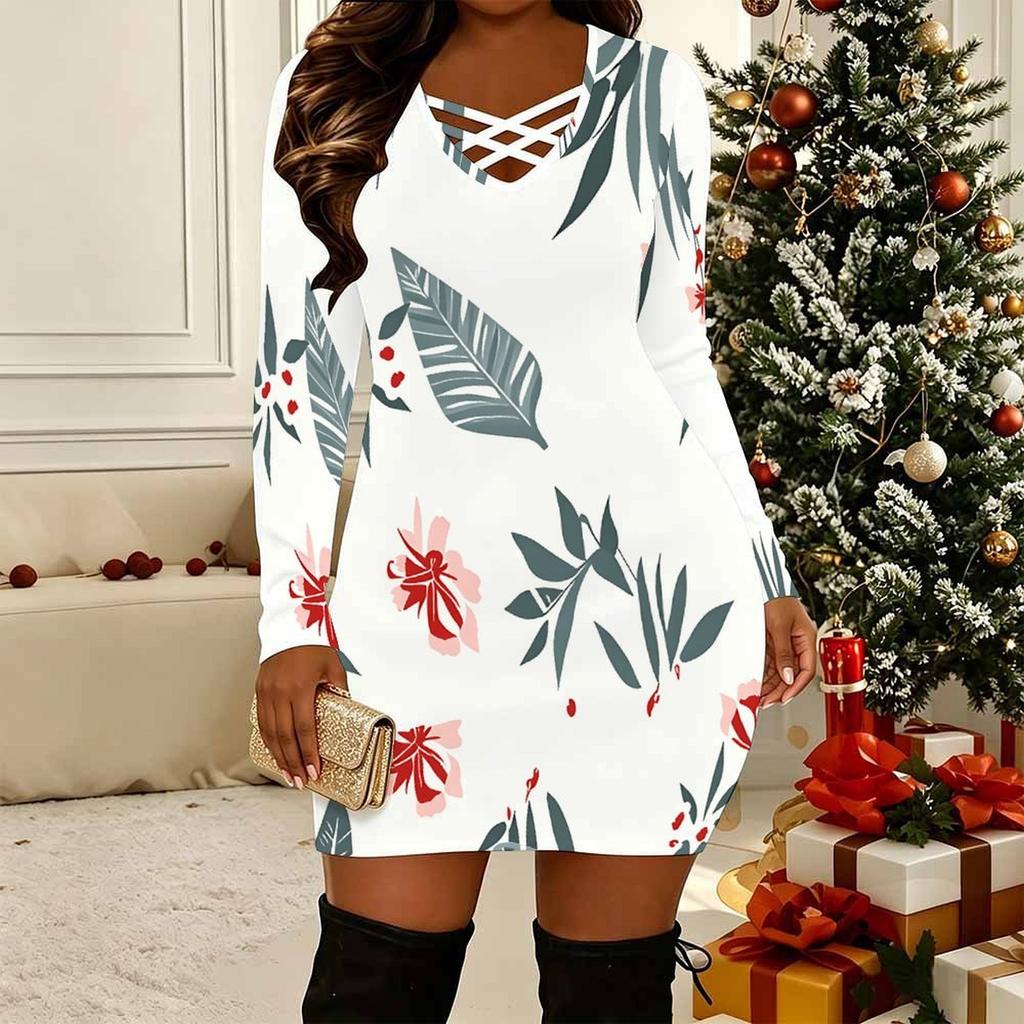 Women Plus Size Long Sleeve V Neck Crisscross Hollow Bodycon Mini Night Club Party Dress