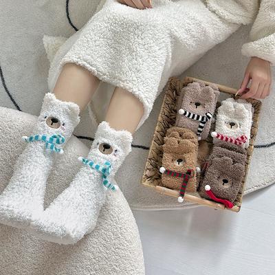 1Pair Sleep Socks Cute Little Bear Cartoon Coral Velvet Socks Soft Polyester Fiber