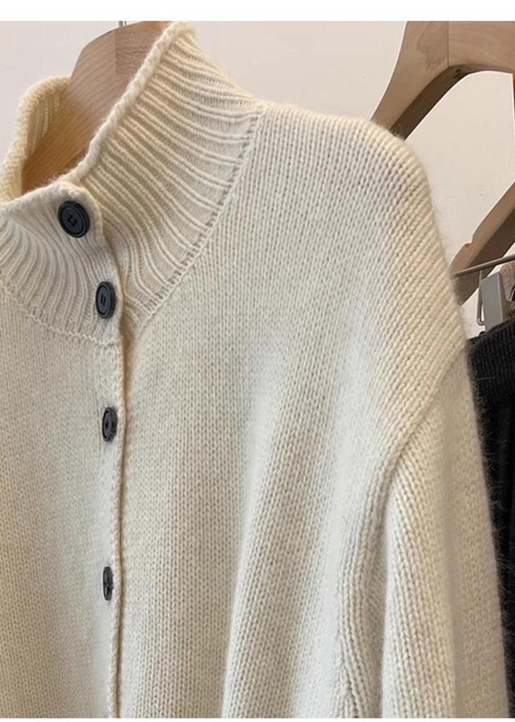 2025 Autumn/Winter Women's 100% Pure Wool High Neck Cardigan - Solid Color, Long Sleeve, Buttoned Wool Knit Sweater.