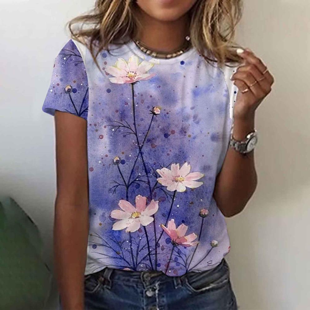Colorful Floral 3D Digital Printed Women's Fashionable Casual Round Neck Short Sleeved T-shirt