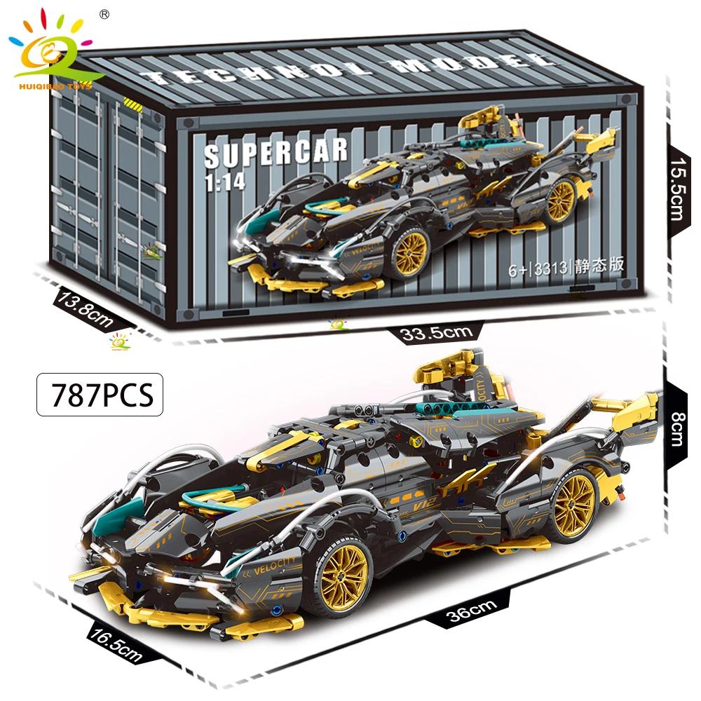 HUIQIBAO 1:14 Racerbiler Teknisk Modell Byggeklosser MOC LED-linje Klosser Utstillingsboks Barn Bykonstruksjonsleke Gutt Spill