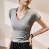 Sleeve Pleated Waist T-shirt for Women's Summer Thin Breathable Short-sleeved V-neck Top