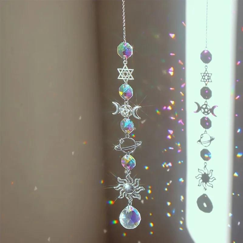 1pc Crystal Wind Chime Moon Sun Catcher Diamond Prisms Pendant Dream Catcher Rainbow Hanging Drop Home Garden Decor Windchime