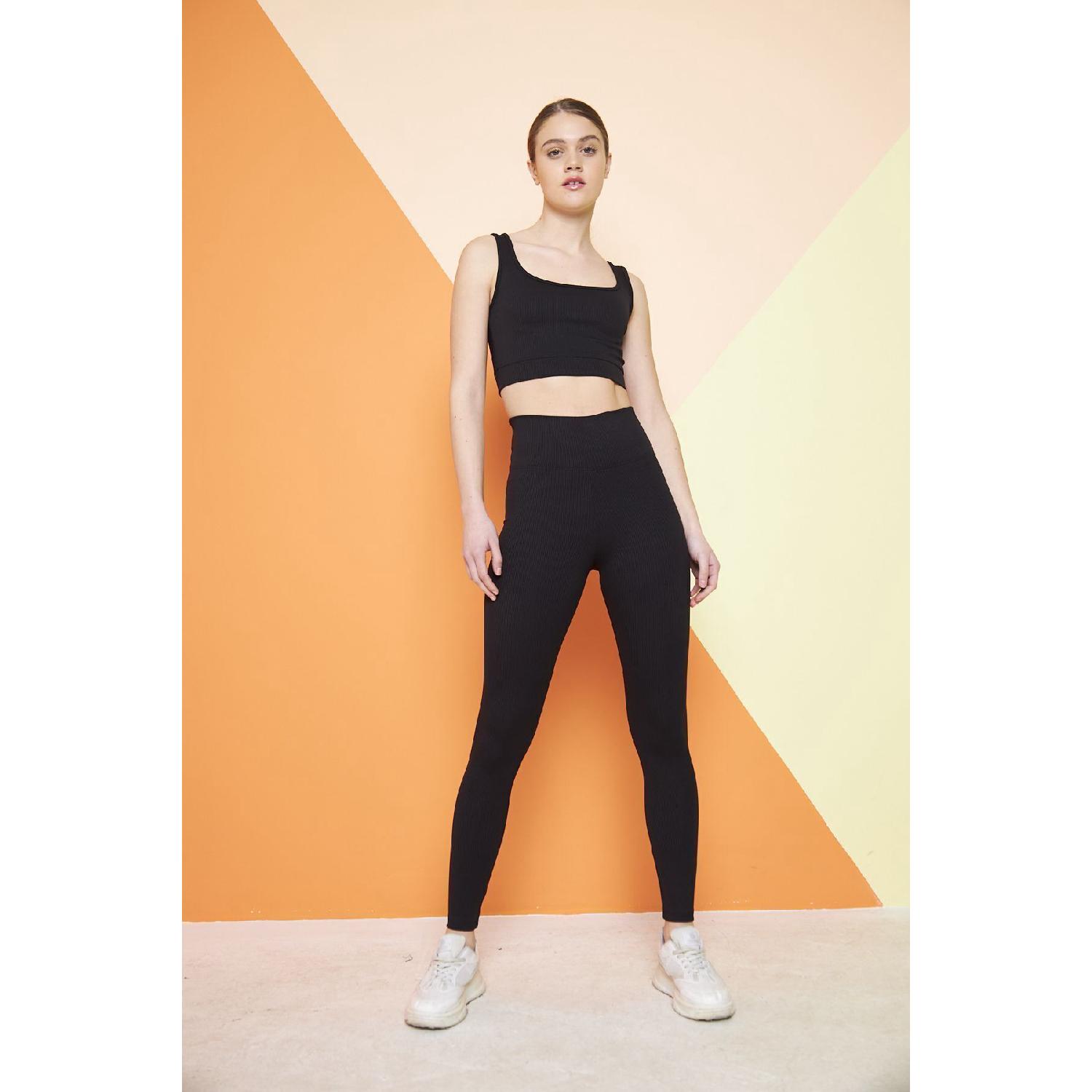 

Black High Waist Ribbed Gathering Interlock Knitted Sports Tights S чорний
