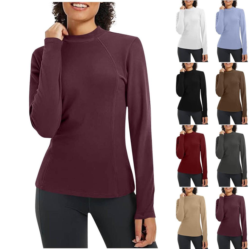 Ladies' Casual And Fashionable Solid Color Round Neck With Warm Long Sleeved T-shirt Top