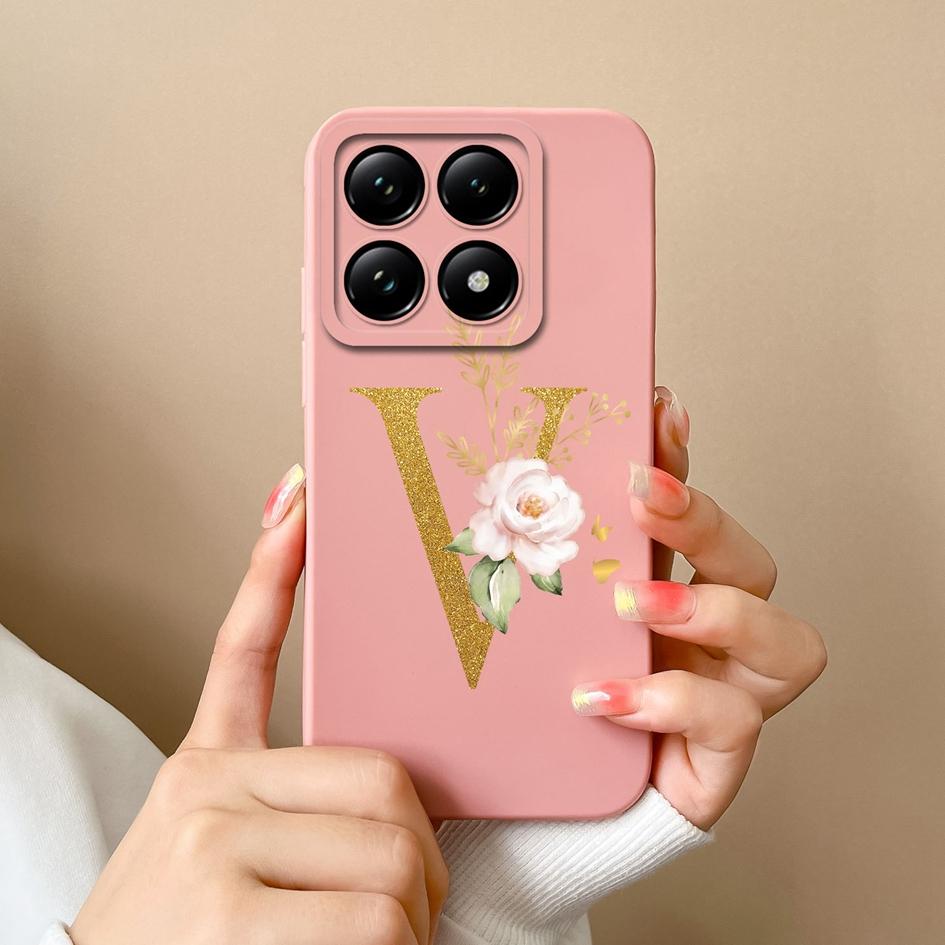 Liquid Soft Silicone Bumper For Xiaomi 14T Pro 5G 14 T Cover Pretty 26 Flower Letters Cases Anti Drop Housing Phone Shell Fundas