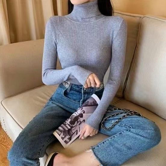 Women Sweater Turtleneck Long Sleeve Slim Fit Knitting Tops Solid Color Soft Elastic Fabric