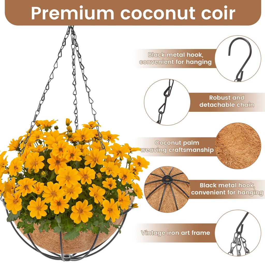 4Pcs 10 Inch Hanging Flower Basket Outdoor Coco Liner Round Hanging Flower Pot with Chain and Hook Metal Plant Basket for Garden