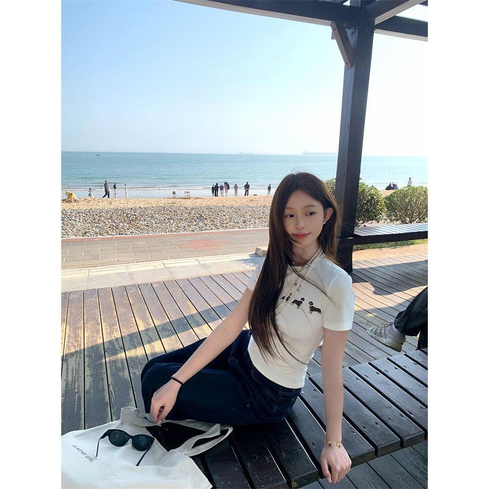 

Korean necklace dog print slim-fit short sleeves, spring and summer new popular slim-fit and thin top M