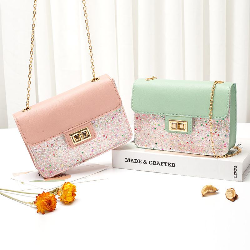 Spring and Summer Matte Sequin Lock Buckle Contrasting Color Chain Small Square Bag Single Shoulder Oblique Span Candy Color Women's Bag