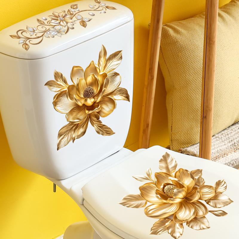 Gold Diamond Flower Decorative Toilet Sticker Waterproof Easy to Apply Removable Decal for Home Bathroom Decor