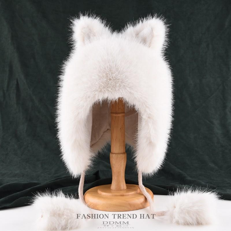 Womens Fuzzy Ear-Protective Beanie Hat Winter Warm Cute Fox-Ear Style Cap Soft Plush Knit Cold Weather