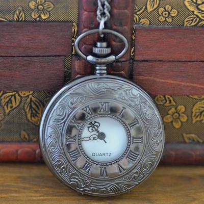 Black Retro Roman Numeral White Face Skeleton Pocket Watch 8171