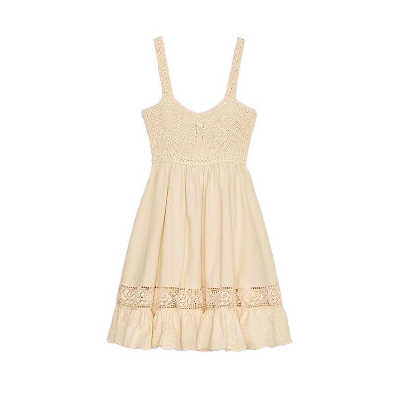 

Летний новый продукт Женская одежда круглый вырез без рукавов вязаная вязка отделка широкая бретелька короткое платье 6236018 raw white L